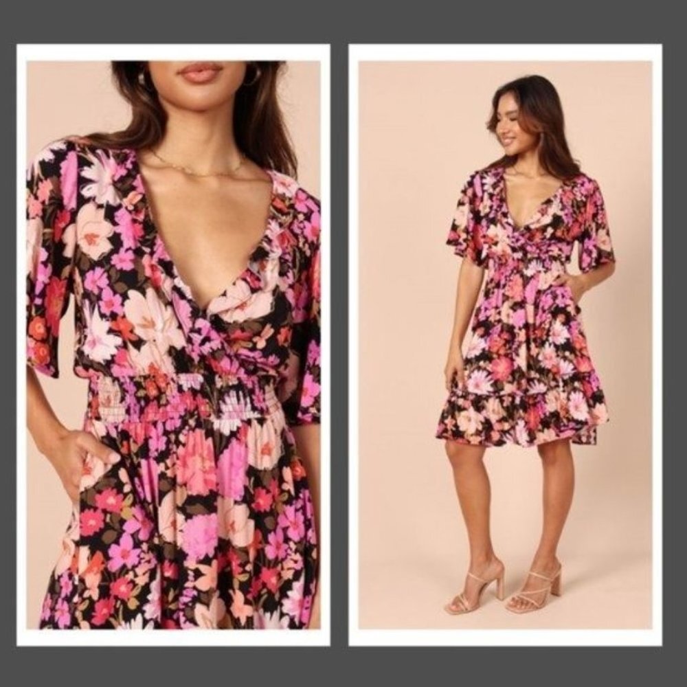 Petal & Pup Black Floral V-Neck Mini Dress with Pink Accents